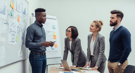 Group of multiethnic business people working together on project in officeの素材