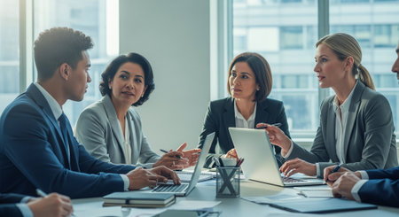 Group of business people working and communicating together in modern office. Corporate businessteam and manager in meeting.の素材