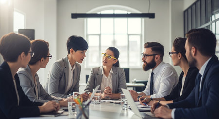 Group of business people working together in modern office. Selective focus.の素材