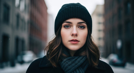 Portrait of a beautiful young brunette woman in a black hat and scarf.の素材