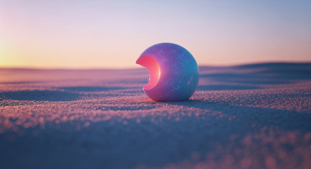 3d render of a blue ball in the sand at sunset.の素材