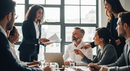 Group of business people working together in modern office. They are looking at documents and smiling.の素材