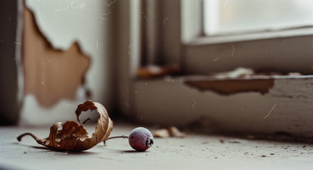 Winter still life with frozen berries and fallen leaves on the windowsillの素材
