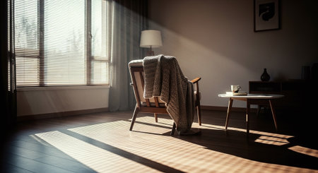 Interior of a room with an armchair and a plaidの素材