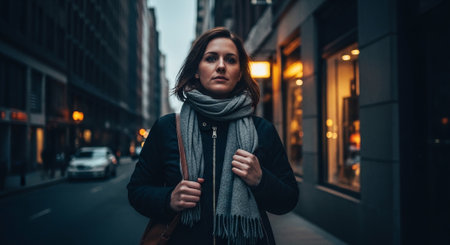 Young beautiful woman walking in the city at night, wearing scarf and coat.の素材