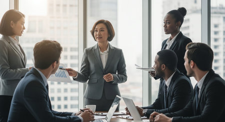 Group of business people working together in office. Businessmen and businesswomen meeting in modern workplace.の素材