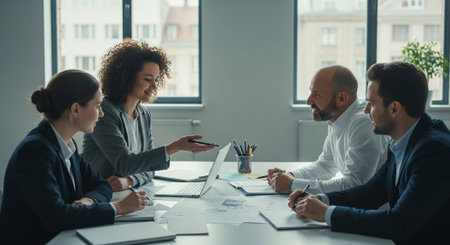 Group of business people working together in office. They are sitting at the table and communicatingの素材