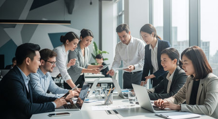 Group of business people discussing the charts and graphs showing the results of their successful teamworkの素材