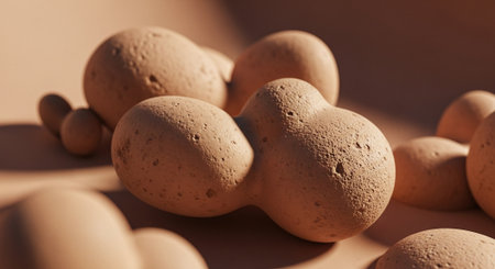 Close up view of a pile of brown eggs on a light backgroundの素材
