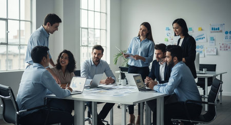 Group of business people discussing the charts and graphs showing the results of their successful teamworkの素材