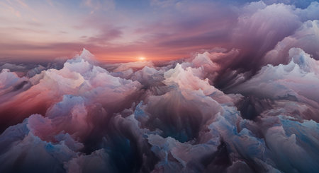 Aerial view of beautiful sunset above the clouds. 3D illustrationの素材