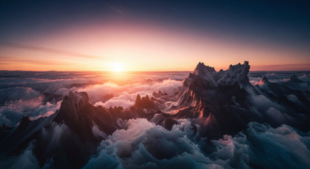 Mountain landscape. Panoramic view of the sunset above the cloudsの素材