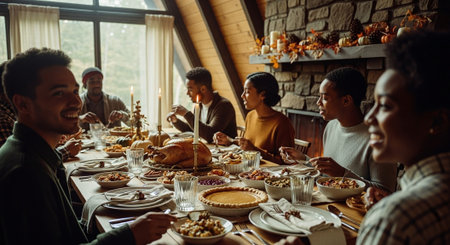 Group of multiethnic friends having dinner together at home. Diverse group of friends sitting around the table and celebrating Thanksgivingの素材