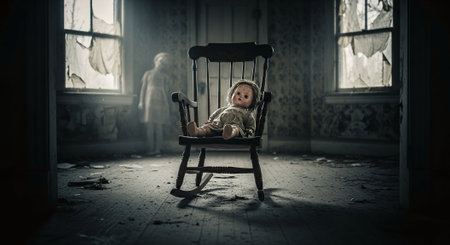 Little boy sitting on a rocking chair in a dark room. Halloween concept.の素材