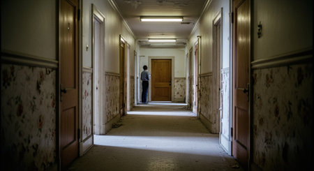 Interior of an old hospital corridor with a blurred man in the foregroundの素材