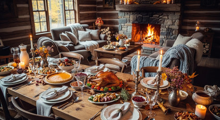 Thanksgiving dinner in a rustic style. Wooden table with turkey and other dishes.の素材