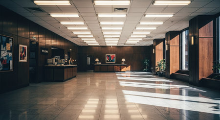 Interior of a hotel lobby with reception desk and artworks.の素材