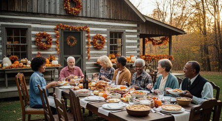 Senior friends having Thanksgiving dinner in front of a rustic farmhouseの素材
