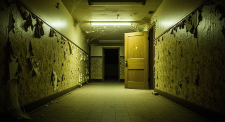 Creepy corridor in an abandoned building. Horror Halloween concept.の素材