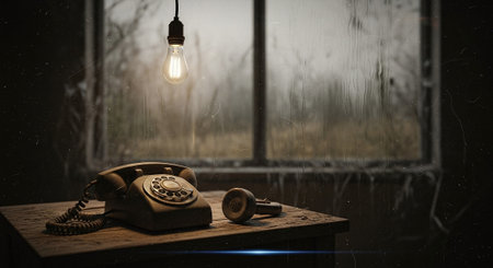 Retro telephone on a wooden table in a dark room with a window and a light bulbの素材