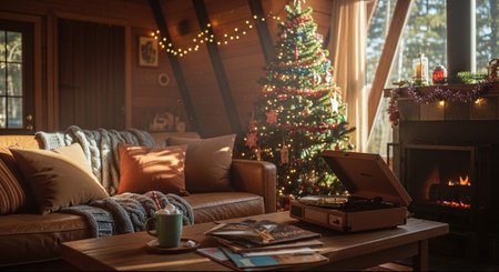 Cozy living room with Christmas tree, fireplace, coffee cup and booksの素材