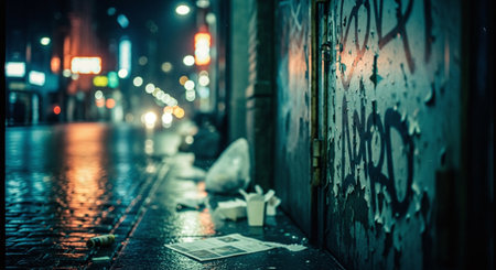 Night city street with sidewalk covered with wet asphalt. Shallow depth of field.の素材