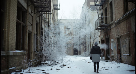 A girl in a coat walks through a snowy alley in winter.の素材