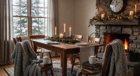 Interior of modern dining room with fireplace and christmas decorations.の素材