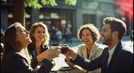 Group of happy young business people having a coffee break in a cafeの素材