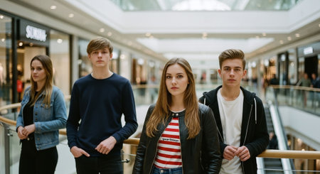 Group of young people walking in shopping mall, looking at camera.の素材