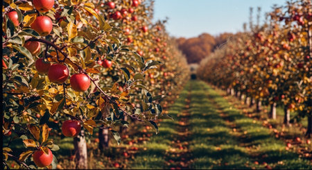 Apple orchard with ripe red apples on tree branches in autumn.の素材
