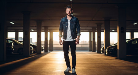 Handsome young man in jeans and a shirt is standing in the parking lot at night.の素材