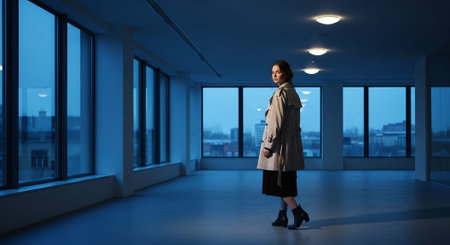 Beautiful woman in trench coat standing in modern office. Mixed mediaの素材