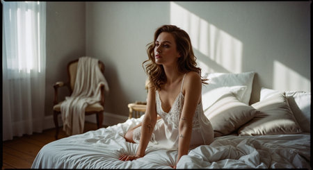 Beautiful sexy lady in elegant white robe. Portrait of fashion model girl indoors. Beauty brunette woman with attractive body in lace lingerie. Female ass in underwear. Naked bodyの素材