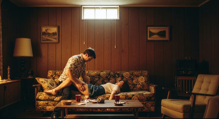 Young man sitting on sofa in living room and drinking coffee at homeの素材
