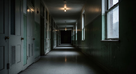 Interior of a corridor in a hospital. Long corridor with doorsの素材