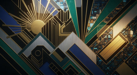 3d illustration of abstract geometric background with gold, blue and green elementsの素材