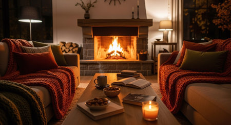 Cozy living room with fireplace, coffee cup and book on tableの素材