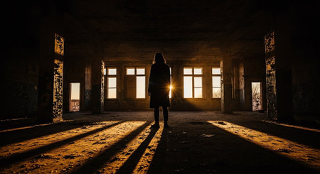 Silhouette of a woman standing in an abandoned building at nightの素材