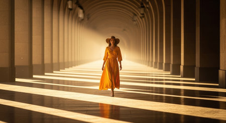 A beautiful young woman in a long orange dress walks in a tunnel.の素材
