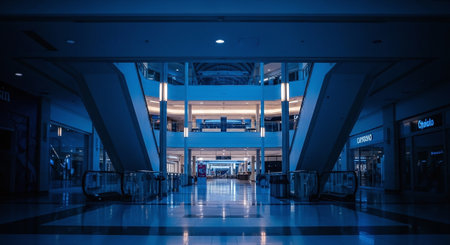 Interior of modern shopping mall in blue tone. Long exposure.の素材