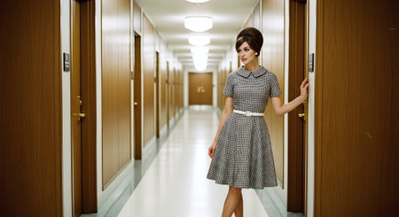 Beautiful young brunette woman in a long dress in a corridorの素材