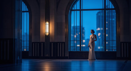 Silhouette of a beautiful woman in a long dress in the interior of the buildingの素材
