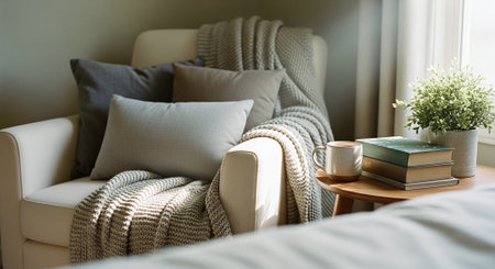 Cozy living room interior with sofa, coffee cup and book.の素材