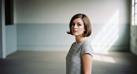 Portrait of a beautiful girl in a gray dress in the interiorの素材
