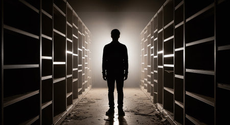 Silhouette of businessman standing in data center hallway with glowing lightsの素材