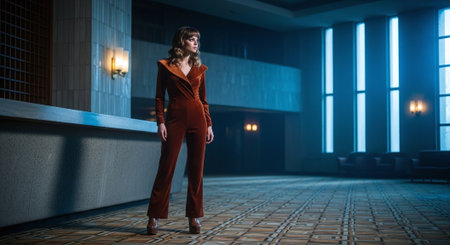 Portrait of a beautiful woman in a red suit in a dark roomの素材