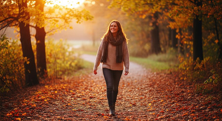 Young woman walking in the autumn forest at sunset. Beauty girl outdoors.の素材