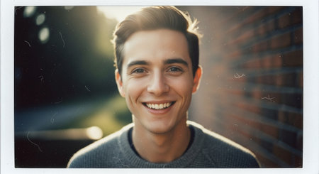 Portrait of a handsome young man smiling and looking at the cameraの素材