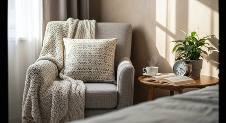 Cozy armchair with knitted plaid and coffee cup on table in bedroomの素材